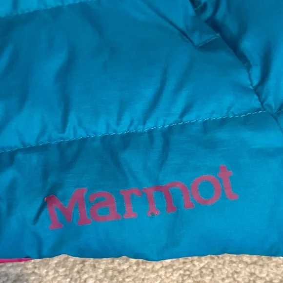 Marmot Girls Puffer Hooded Jacket With Pockets Teal/Hot Pink Size XL - Picture 7 of 13